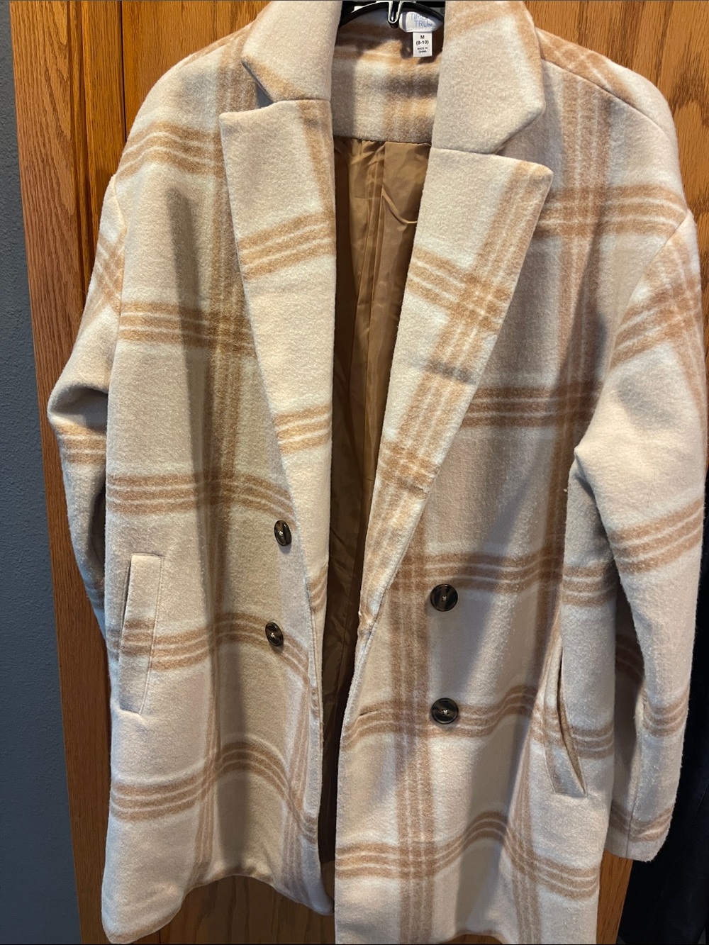 Time and Tru Beige Plaid Double-Breasted Pea Coat